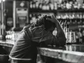 Mężczyzna siedzi przy barze, trzymając się za głowę. Zastanawia się, czy alkohol podnosi ciśnienie, szukając pocieszenia w pustym lokalu.