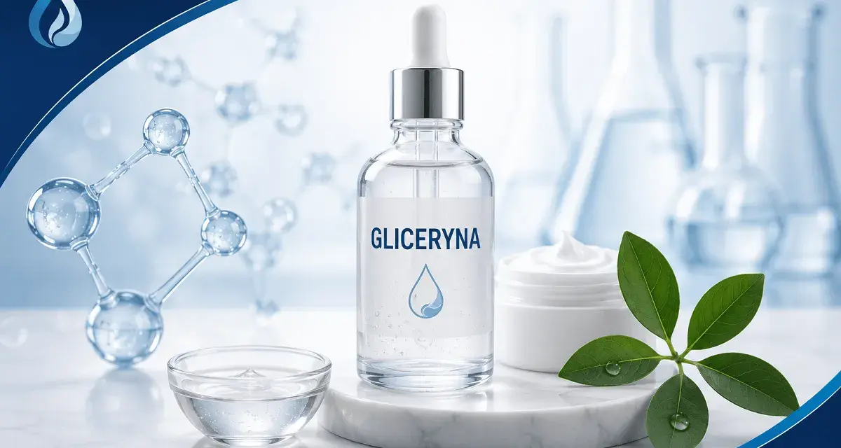 Gliceryna co to? Składnik nawilżający w kosmetykach, prezentowany w buteleczce z pipetą, obok kremu i liści.