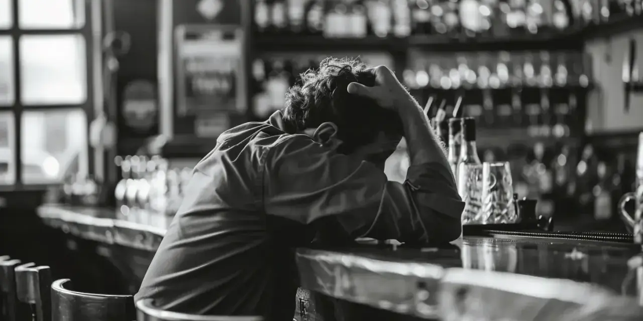 Mężczyzna siedzi przy barze, trzymając się za głowę. Zastanawia się, czy alkohol podnosi ciśnienie, szukając pocieszenia w pustym lokalu.