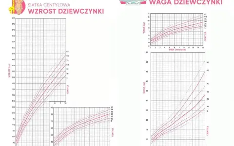 Wykresy siatek centylowych dla dziewczynek: wzrost i waga. Pokazują prawidłowy wzrost 4 latka i jego wagę w porównaniu do innych dzieci.