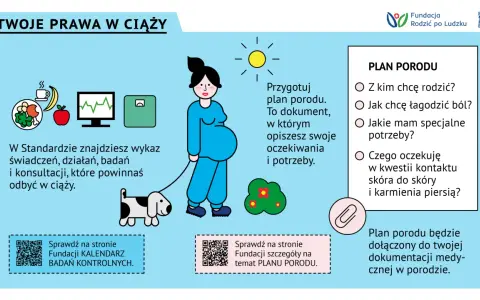 Ilustracja zachęca do przygotowania planu porodu, dokumentu rozwijającego kreatywność i opisującego oczekiwania przyszłych rodziców.