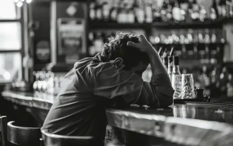 Mężczyzna siedzi przy barze, trzymając się za głowę. Zastanawia się, czy alkohol podnosi ciśnienie, szukając pocieszenia w pustym lokalu.