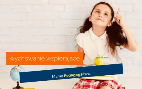 Dziewczynka z pomysłem, symbolizująca skok rozwojowy 9 latka. "Wychowanie wspierające" i "Mama.Pedagog.Pisze." na tle ceglanej ściany.