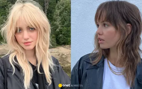 Dwie kobiety prezentują fryzurę wolf cut bez grzywki. Blond włosy falowane i brązowe, lekko pofalowane, z pasemkami.