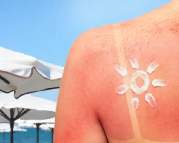 Oparzenia słoneczne jak szybko wyleczyć? Krem na czerwonej skórze, przypominający słońce, na tle plaży.