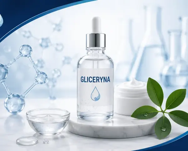 Gliceryna co to? Składnik nawilżający w kosmetykach, prezentowany w buteleczce z pipetą, obok kremu i liści.