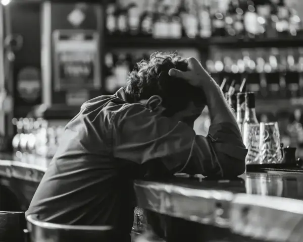 Mężczyzna siedzi przy barze, trzymając się za głowę. Zastanawia się, czy alkohol podnosi ciśnienie, szukając pocieszenia w pustym lokalu.