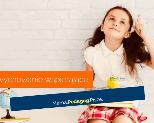 Dziewczynka z pomysłem, symbolizująca skok rozwojowy 9 latka. "Wychowanie wspierające" i "Mama.Pedagog.Pisze." na tle ceglanej ściany.