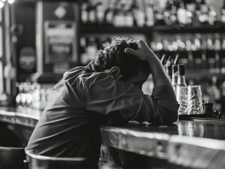 Mężczyzna siedzi przy barze, trzymając się za głowę. Zastanawia się, czy alkohol podnosi ciśnienie, szukając pocieszenia w pustym lokalu.