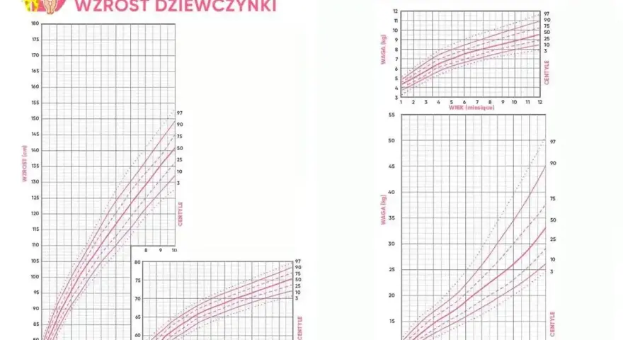 Wykresy centylowe dla dziewczynek: wzrost i waga. Pokazują normy rozwoju, np. waga 3 latka.