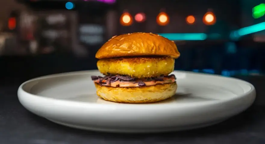 Apetyczny burger z halloumi, z chrupiącą panierką i kolorową surówką, na białym talerzu.