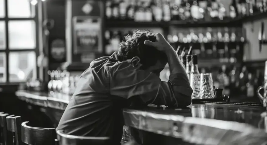 Mężczyzna siedzi przy barze, trzymając się za głowę. Zastanawia się, czy alkohol podnosi ciśnienie, szukając pocieszenia w pustym lokalu.