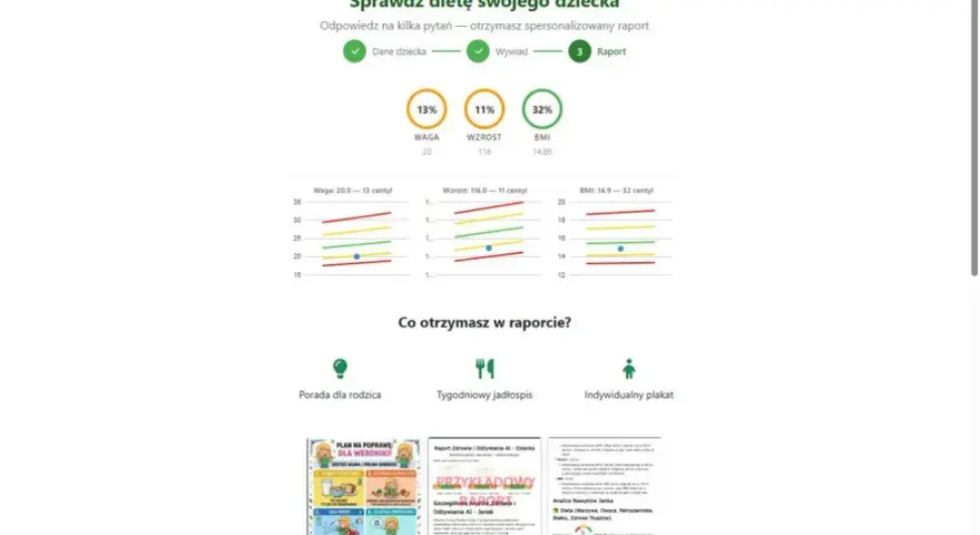 Wykresy pokazują, ile powinien ważyć 9 latek, jego wzrost i BMI. Wyniki wskazują na 13% wagę, 11% wzrost i 32% BMI.