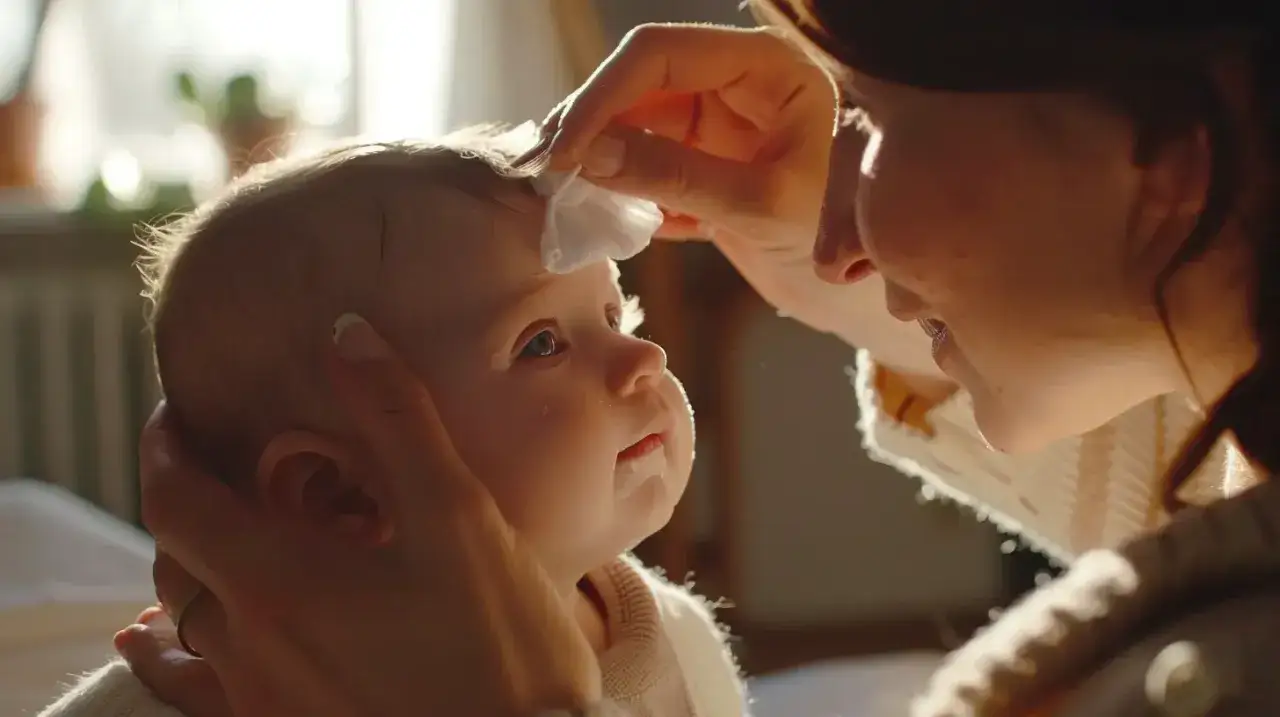 Delikatne czyszczenie ropiejącego oka u noworodka. Mama troskliwie przemywa twarz dziecka.