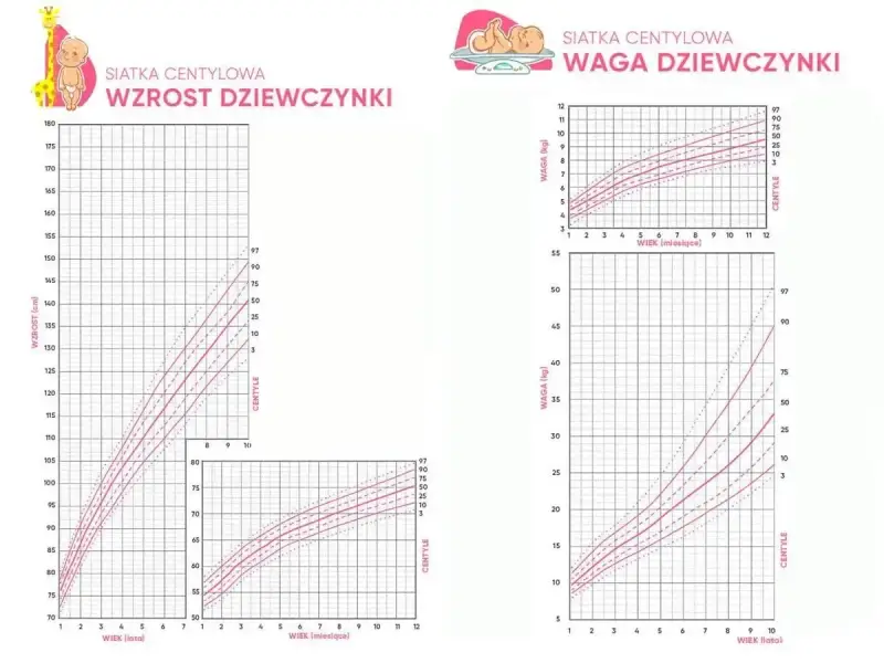 Wykresy siatek centylowych dla dziewczynek: wzrost i waga. Pokazują prawidłowy wzrost 4 latka i jego wagę w porównaniu do innych dzieci.